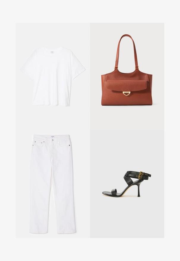 Hvit bomulls t-skjorte med korte ermer, rund hals, avslappet passform og sydd kant. Merke synlig på innsiden av halsen.; Hvite denimbukser med rett ben-design, som har en klassisk fem-lommeopplegg og sølvfargede detaljer i livet.; Svarte hælsandaler med kryssende stropper og justerbar spenne. Har en jevn tekstur og avsmalnende stilettoklakk.; Brun skinn toteveske med lange håndtak, frontlomme med klaff, og gullhjerteformet lås gravert med "Love Moschino."