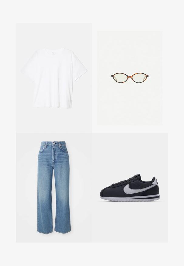 T-shirt bianco in cotone con maniche corte, scollo rotondo, vestibilità comoda e orlo cucito. Etichetta visibile all'interno del colletto.; Jeans in denim azzurro chiaro con vita alta, gambe larghe e orlo grezzo. Presentano un design tradizionale a cinque tasche e una chiusura con bottone in tonalità argentata.; Scarpa sportiva nera con accenti grigi, tomaia in sintetico liscio, suola testurizzata, punteggiante arrotondata e lacci piatti. Design classico con dettagli del logo.; Occhiali in tartaruga con lenti ovali e una finitura liscia e elegante. Presentano aste sottili con una leggera curva alle tempie. Lenti trasparenti.