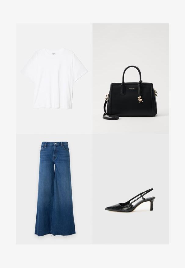 Bílý bavlněný tričko s krátkým rukávem, kulatým výstřihem, volným střihem a šitým lemem. Nálepka viditelná na vnitřní straně výstřihu.; Mother THE SWISHER SNEAK FRAY SUPERIOR - Wide leg - punch buggy; Černé lakované slingback podpatky s špičatou špičkou, zdobené texturovaným hadím vzorem, nastavovacím páskem a krátkým texturovaným blokovým podpatkem.; Černá kožená kabelka se strukturovaným designem, dvojitými horními uchy, odnímatelným ramenním popruhem, zlatými doplňky a akcentem ve formě logového charm.