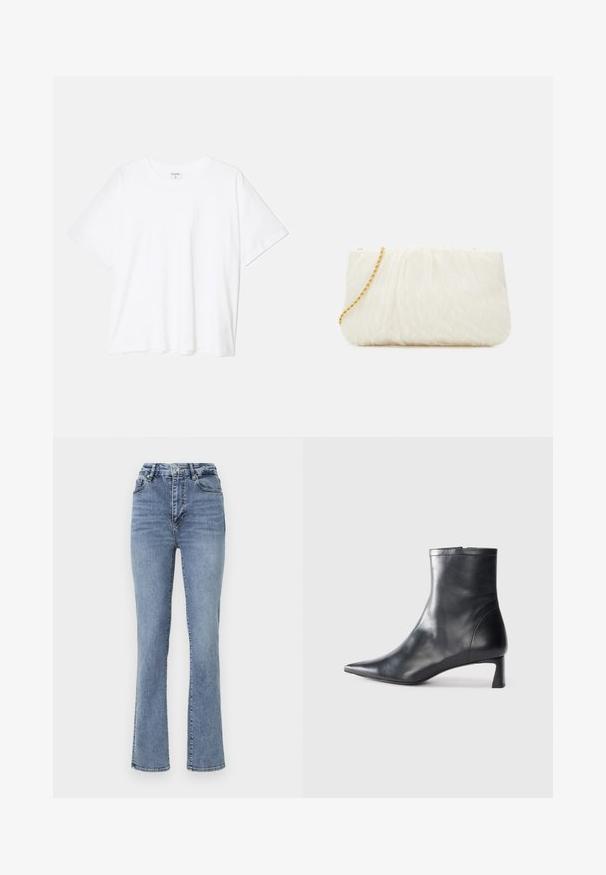 Camiseta de algodón blanca con mangas cortas, escote redondo, corte relajado y dobladillo cosido. Etiqueta visible en el interior del cuello.; Jeans de mezclilla azul de tiro alto con un diseño de pierna recta, que cuentan con un estilo clásico de cinco bolsillos y sutilezas en los detalles de costura.; Botín de cuero negro hasta el tobillo con punta afilada y un diseño elegante. Presenta un tacón bajo y un cierre con cremallera en la parte trasera. Textura suave.; Bolso de mano texturizado blanco con un diseño fruncido, que cuenta con una cadena dorada. Acabado liso con suaves ondas y bordes redondeados.