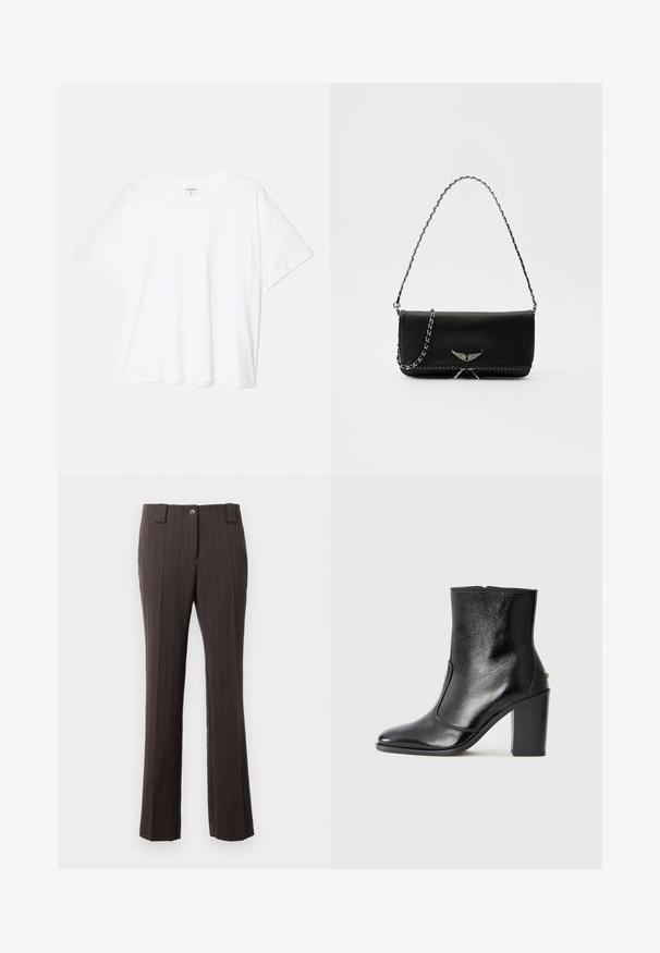 Biely bavlnený tričko s krátkymi rukávmi, okrúhlym výstrihom, voľným strihom a prešitým lemom. Štítok viditeľný na vnútornom krku.; Hnedé pruhované nohavice s priliehavým strihom, so zapínaním na gombík vpredu a rovnými nohavicami. Hladká textúra tkaniny.; Čierna kožená kotníková obuv s hladkým povrchom, špicatou špičkou a masívnym vysokým podpätkom. Zdobená bočným otvorom a minimalistickým dizajnom.; Čierna kožená kabelka so strieborným reťazovým popruhom, so zdobnými krídelnými akcentmi a bielym prešívaním pozdĺž dolného švu.