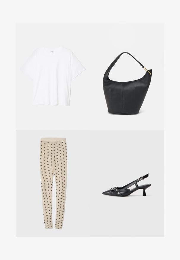 White cotton t-shirt with short sleeves, round neckline, relaxed fit, and stitched hem. Label visible on the inside neck.; Beige leggings with a soft texture, featuring an all-over pattern of small dark flowers. Elastic waistband for comfortable fit.; Black leather slingback shoe with a pointed toe, decorative straps featuring metal eyelets, and a low block heel. Textured surface.; Black leather handbag with a rounded shape, a wide strap, and a textured finish. Features a subtle seam detail and a gold-tone hardware accent.