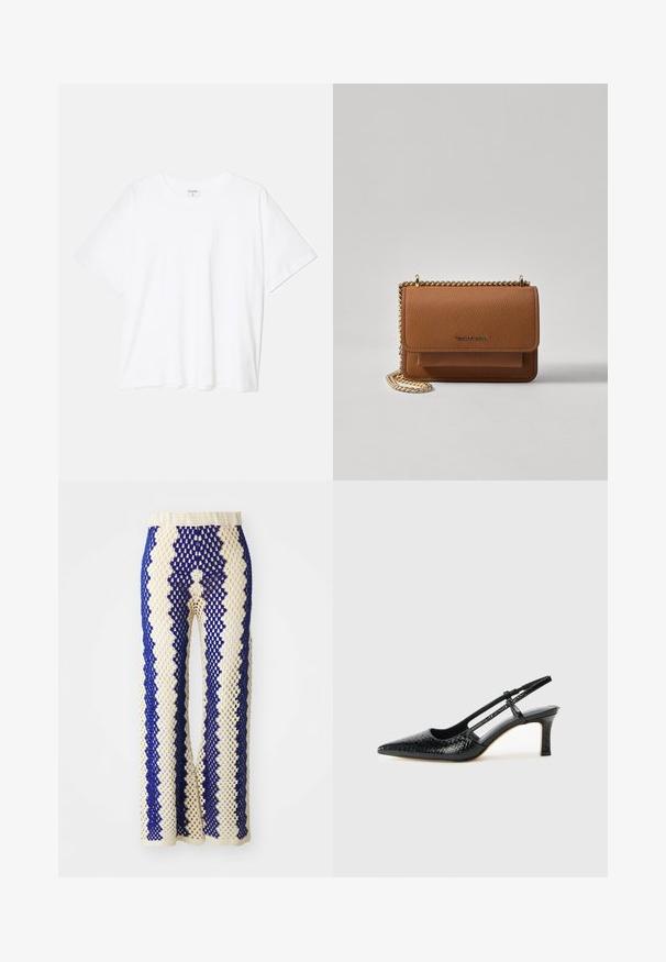 Bílý bavlněný tričko s krátkým rukávem, kulatým výstřihem, volným střihem a šitým lemem. Nálepka viditelná na vnitřní straně výstřihu.; Krajkové široké kalhoty v krémové a námořnické modré barvě, se geometrickým vzorem, elastickým pasem a otevřenou texturou po celý povrch.; Černé lakované slingback podpatky s špičatou špičkou, zdobené texturovaným hadím vzorem, nastavovacím páskem a krátkým texturovaným blokovým podpatkem.; Hnědá texturovaná kožená kabelka přes rameno se zlatým řetízkovým popruhem a klopnovým uzavíráním. Přední strana obsahuje detail loga a kapsu pod klopou.