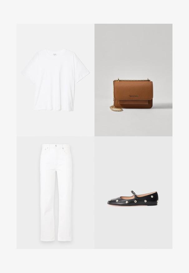 Tricou alb din bumbac, cu mâneci scurte, guler rotund, croi lejer și tiv cusut. Eticheta este vizibilă pe interiorul gulerului.; Jeans din denim alb cu croială dreaptă, cinci buzunare și închidere cu nasture. Textură fină și design curat, potrivit pentru ținute de zi cu zi.; Pantofii Mary Jane din piele neagră, cu vârful rotund, decorati cu nasturi circulari argintii și o curea ajustabilă cu cataramă.; Geantă crossbody din piele texturată maro, cu curea din lanț aurit și închidere cu clapetă. Partea din față prezintă detalii cu logo și o buzunar sub clapetă.