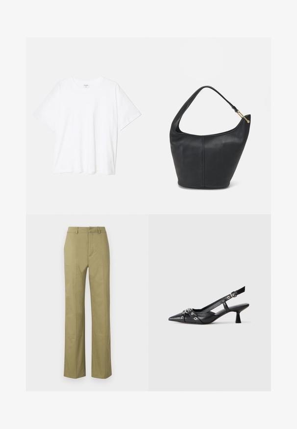 T-shirt en coton blanc avec des manches courtes, un col rond, une coupe décontractée et un ourlet cousu. Étiquette visible à l'intérieur du col.; Pantalons khaki en mélange de coton, avec une coupe droite, des coutures visibles et des poches sur les côtés avant.; Chaussure slingback en cuir noir avec un bout pointu, des sangles décoratives avec œillets en métal et un petit talon carré. Surface texturée.; Sac à main en cuir noir avec une forme arrondie, une large bandoulière et une finition texturée. Présente un détail de couture subtil et un accent en métal doré.