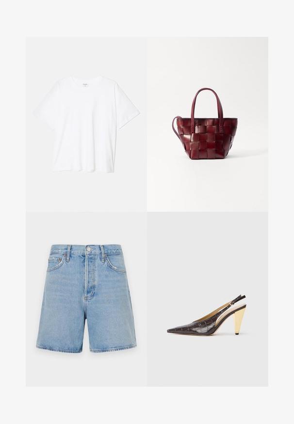 Biely bavlnený tričko s krátkymi rukávmi, okrúhlym výstrihom, voľným strihom a prešitým lemom. Štítok viditeľný na vnútornom krku.; Svetlo modré denimové šortky s rovnou siluetou, dvoma prednými vreckami, zapínaním na gombík a zips a svetlým opotrebením pozdĺž okrajov.; Sandal s pointer špičkou a elastickým pásikom na päte v tmavohnedej lesklej imitácii krokodílej kože. Obsahuje zlatý geometrický podpätok a nastaviteľný pásik na členku.; Tkaná bordová kožená športová taška s dvoma krátkymi rúčkami a odnímateľným ramenným popruhom. Má štruktúrovaný tvar a hladkú textúru.