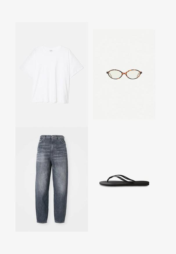 Tricou alb din bumbac, cu mâneci scurte, guler rotund, croi lejer și tiv cusut. Eticheta este vizibilă pe interiorul gulerului.; Blugi de culoare albastru închis, confecționați din denim, cu o croială lejeră, design cu picioare drepte și decolorări subtile. Stil standard cu cinci buzunare și închidere cu nasture.; Încălțăminte tip flip-flop neagră cu o talpă din cauciuc texturat, două bretele subțiri și un detaliu discret, embosat cu logo pe bretea.; Ochelari cu ramă din tartan, cu lentile ovale și un finisaj elegant, neted. Prezintă margini subțiri cu o curbură subtilă la tâmple. Lentile clare.