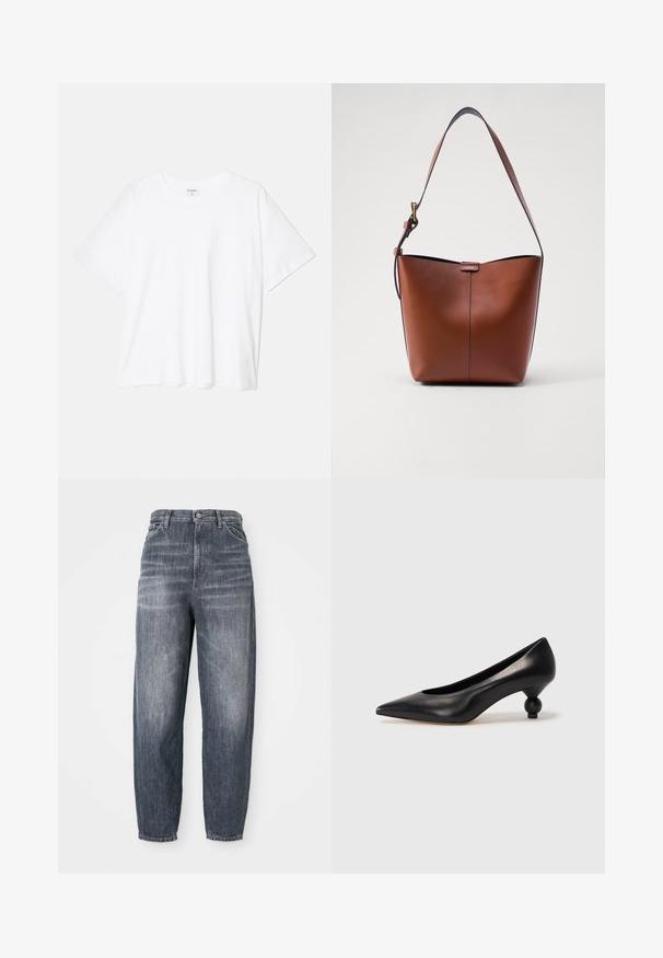 Biely bavlnený tričko s krátkymi rukávmi, okrúhlym výstrihom, voľným strihom a prešitým lemom. Štítok viditeľný na vnútornom krku.; Tmavomodré džiny vyrobené z denimovej tkaniny, so voľným strihom, rovnými nohavicami a jemným vyblednutím. Štandardný strih s piatimi vreckami a zapínaním na gombík.; Čierna kožená vysoká topánka na podpätku s ostrým špičkou a okrúhlym, guľatým podpätkom. Hladký povrch s moderným, minimalistickým dizajnom.; Hnedá kožená taška cez rameno s zakriveným tvarom, hladkou textúrou a jedným tenkým popruhom. Obsahuje jemný šev a malý logo detail.