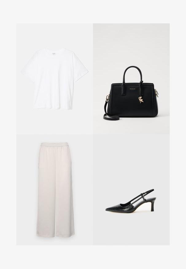 Valge puuvillane T-särk lühikeste varrukatega, ümmargune kaelus, mugav lõige ja õmmeldud serv. Silt nähtav kaela seest.; Heledad beežid laiad püksid, millel on elastne vöökoht. Sile materjal, täispikkus, ei ole nähtavaid kaunistusi ega mustreid.; Mustmust paelad, millel on terav varvas, tekstuuriga maduprindiga, reguleeritav rihm ja lühike tekstuuriga plokknina.; Musta nahast käekott struktureeritud disainiga, kahekordsete ülemiste käepidemetega, eemaldatav õlavööt, kuldne riistvara ja logotäht aktsent.