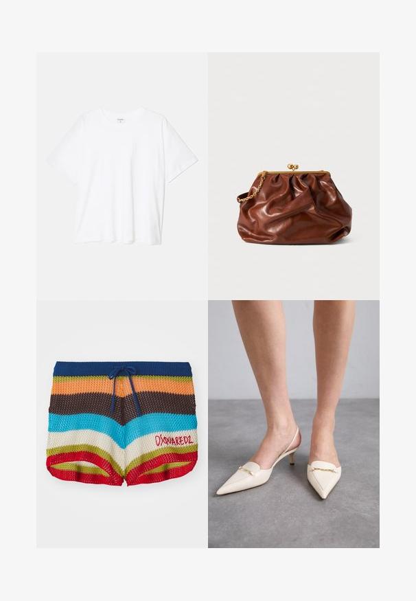 Balta kokvilnas T-krekls ar īsām piedurknēm, apaļu dekoltē, brīva piegriezuma un šūtu apakšmalu. Etiķete redzama iekšējā kakla daļā.; Adīti šorti ar horizontālām svītrām zilo, oranžo, brūno, tirkīza, krēmkrāsas, zaļo un sarkano krāsā, ar tumši zilu auklu un sarkano "Dsquared2" logo.; Kremkrāsas, norādīta pirksta slinga papēži ar smalku vidējo papēdi, kas rotāti ar zelta ķēdes akcentu uz virsmas un gludu ādas tekstūru.; Brūns ādas clutch soma ar zelta aizdari un īsu zelta ķēdes rokturi, kas iezīmējas ar mīkstu, sakļautu tekstūru uz baltā fona.