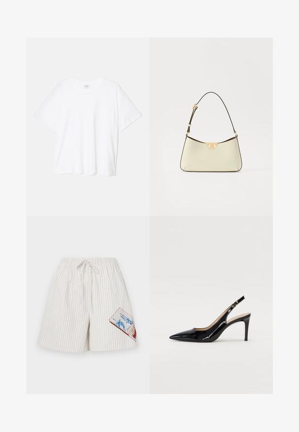 Hvid bomulds-t-shirt med korte ærmer, rund halsudskæring, afslappet pasform og stitched søm. Mærket er synligt indeni halsen.; Hvide bomuldsshorts med vertikale blå striber, elastisk talje og snor. Har en farverig grafisk applikation på venstre lår.; Sort patenteret læder slingback stiletto med spids tå, slank hæl og et subtilt udskæringsdesign. Har en gylden spænde på remmen.; Læder håndtaske i cremefarve med en buet form. Har et guldfarvet logo som accent og en tynd, justerbar mørk skulderrem.