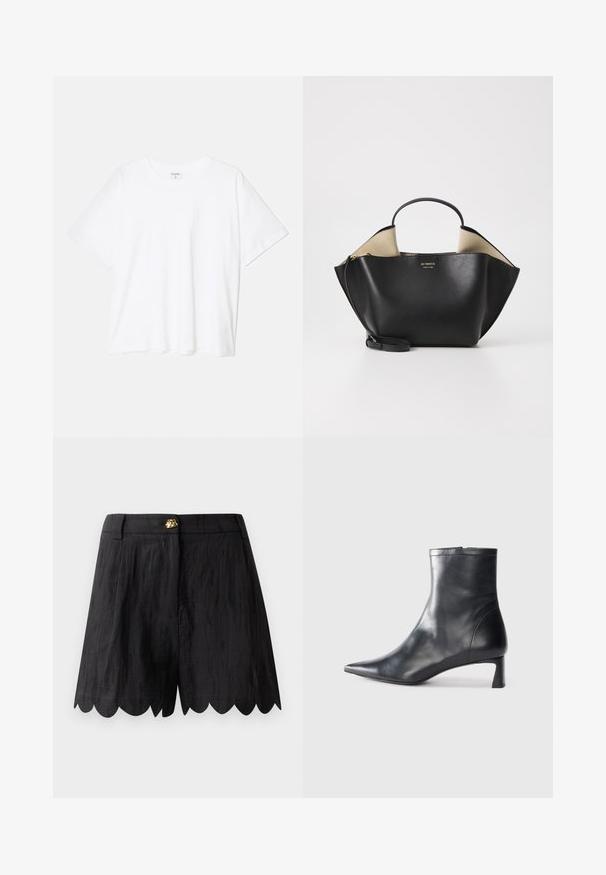 Balta medvilnės marškinėliai trumpomis rankovėmis, apvalia iškirpte, laisvo kirpimo ir su siūtu kraštu. Etiketė matoma vidinėje iškirptės pusėje.; Juodi džinsai su tekstūruotu paviršiumi, su banginiu kraštu, juosmeniu ir aukso detalėmis priekyje.; Juodas odinis kulkšninis batas su smailiu pirštu ir elegantišku dizainu. Turi žemą kulną ir užtrauktuką gale. Lygi tekstūra.; Ree Projects ANN TOTE MINI - Rankinė - black