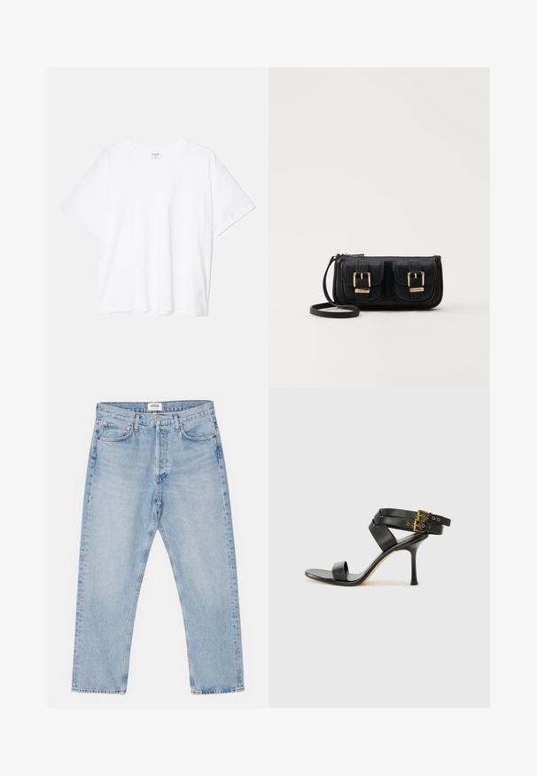 Bela bombažna majica s kratkimi rokavi, okroglim izrezom, sproščenim krojem in šivanim robom. Oznaka vidna na notranji strani izreza.; Svetlo modri kavbojki z klasik štiričetrtno nogavico, petimi žepi in gumbom na sprednji strani, z rahlim bledenjem in trdno teksturo.; Črne sandale na peto z križnimi trakovi in prilagodljivo zaponko. Imajo gladko teksturo in zožen peto.; Črna usnjena torbica čez ramo z dvema sprednjima žepoma, zlatimi zaponkami, zadrgo in ozkim pasom. Tekstura površine je strukturirana, obliko pa ima kompaktno pravokotno.