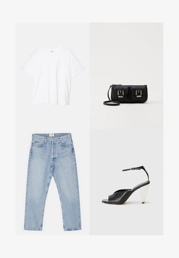 Valge puuvillane T-särk lühikeste varrukatega, ümmargune kaelus, mugav lõige ja õmmeldud serv. Silt nähtav kaela seest.; Heledad sinine teksapüksid klassikalise sirge lõikega, viie tasku ja nupuga esiosa, millel on kerge kulumus ja vastupidav tekstuur.; Must mustril kõrge kontsaga sandaalid avatud varbaga, asümmeetrilise disainiga, pahkluukeevikuga ja metallilise koonusja kontsaga. Ühtlane tekstuur üle kogu.; Must küllastamata nahast õlakott, millel on kaks esist nähtavat taskut, kuldsed pandlad, tõmblukuga sulgemine ja peen rihm. Tekstuuriga pind ja kompaktne ristkülikukujuline kuju.