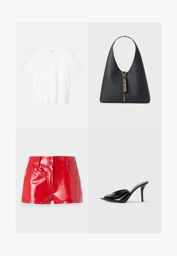 Fehér pamut póló rövid ujjal, kerek nyakkivágással, laza fazonnal és varrott szegéllyel. Címke látható a belső nyakrészén.; Piros műbőr sort, fényes bevonattal, magas derékkal, elülső zsebekkel és varrás részletekkel. Strukturált, testhez álló dizájn.; Fekete bőr, nyitott orrú, hegyes kialakítású, sima textúrájú, és karcsú tűsarokkal rendelkező magassarkú mules.; Fekete bőr válltáska széles pánttal, aranyszínű fémrészletekkel és két akasztott címmel, amelyeken arany betűkkel a "LOVE MOSCHINO" felirat található.
