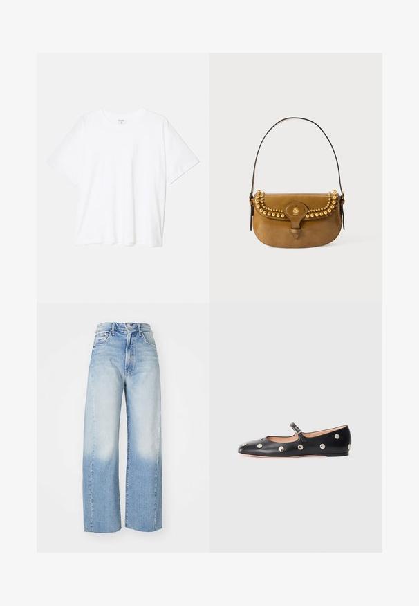 Valge puuvillane T-särk lühikeste varrukatega, ümmargune kaelus, mugav lõige ja õmmeldud serv. Silt nähtav kaela seest.; Heledad sinine denim laiad püksid, millel on gradientfaded heledast tumedamaks siniseks, viie tasku ja kõrge vöökoht.; Must naar mustast valmistatud Mary Jane lamedad jalanõud, ümarate varvastega, hõbedaste ümmarguste nupukestega ja reguleeritava rihmaga, millel on klamber.; Pruuni nahast käekott, millel on kõver kuju, kuldsete nupukestega kaunistatud ülaosa, lühike rihm ja klamber.