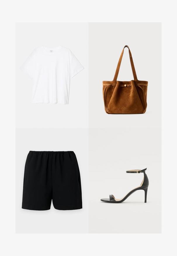 Bílý bavlněný tričko s krátkým rukávem, kulatým výstřihem, volným střihem a šitým lemem. Nálepka viditelná na vnitřní straně výstřihu.; Černé šortky s elastickým pasem, vyrobené z lehkého materiálu. Mají jednoduchý design se rovnými nohavicemi a bez viditelných vzorů.; Černá kožená sandálová bota na vysokém podpatku s páskem kolem kotníku. Vyznačuje se hladkým povrchem, otevřenou špičkou a tenkým podpatkem. Detail v zlatém tónu na sponě.; Hnědá semišová taška s dvojitými uchy, páskem na knoflíkovém uzávěru a uvolněným, mírně pokleslým tvarem.