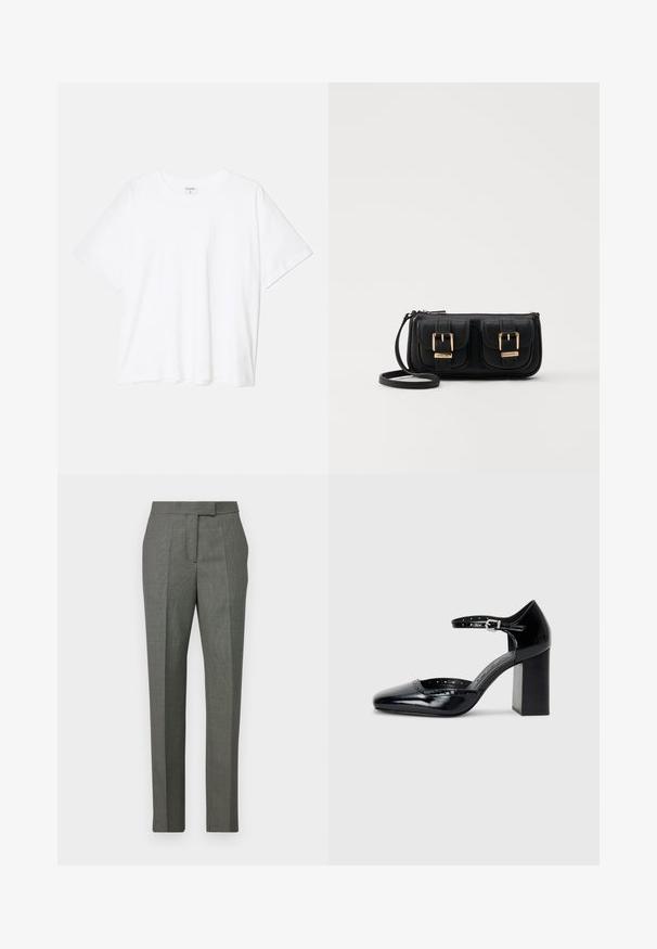 Fehér pamut póló rövid ujjal, kerek nyakkivágással, laza fazonnal és varrott szegéllyel. Címke látható a belső nyakrészén.; Szürke mintás nadrág, egyenes láb kialakítással, szövetből készült, lapos elülső résszel és övhurkokkal a deréknál.; Fekete patent bőr, magas sarkú cipők négyzetes orral, bokapánttal és vastag sarkal. A szélén lyukacsos díszítéssel.; Fekete bőr keresztbody táska két elülső zsebbel, arany csattokkal, cipzáras záródással és vékony pánttal. Textúrált felület és kompakt téglalap alak.
