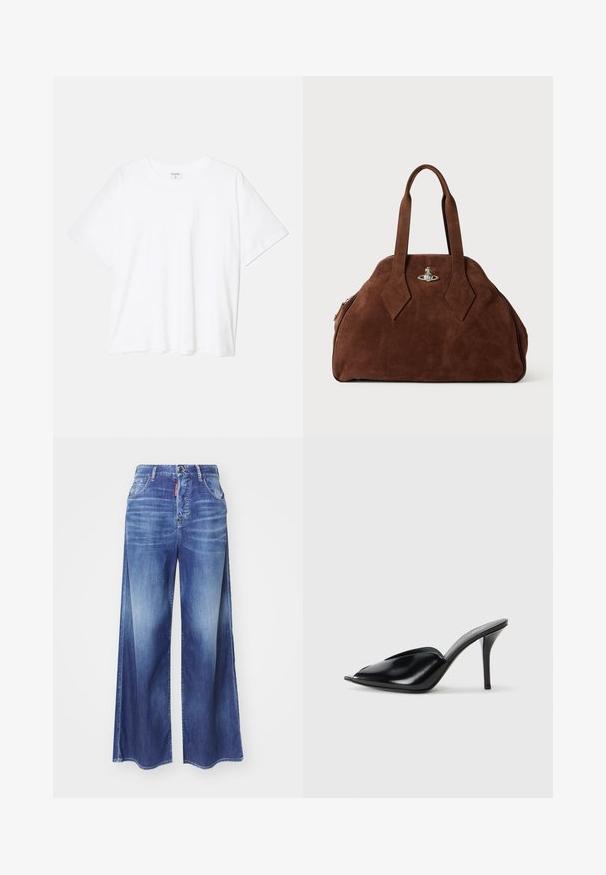 Camiseta de algodón blanca con mangas cortas, escote redondo, corte relajado y dobladillo cosido. Etiqueta visible en el interior del cuello.; Vaqueros de mezclilla azul de pierna ancha con un acabado desteñido, con bolsillos frontales y cierre de botón. El material es algodón con una textura suave.; Zuecos de tacón alto de cuero negro con punta abierta, diseño puntiagudo, textura suave y un delgado tacón de aguja.; Bolso de ante marrón con una forma estructurada, cuerpo redondeado y asas alargadas en forma de diamante. Presenta un cierre de hardware plateado.