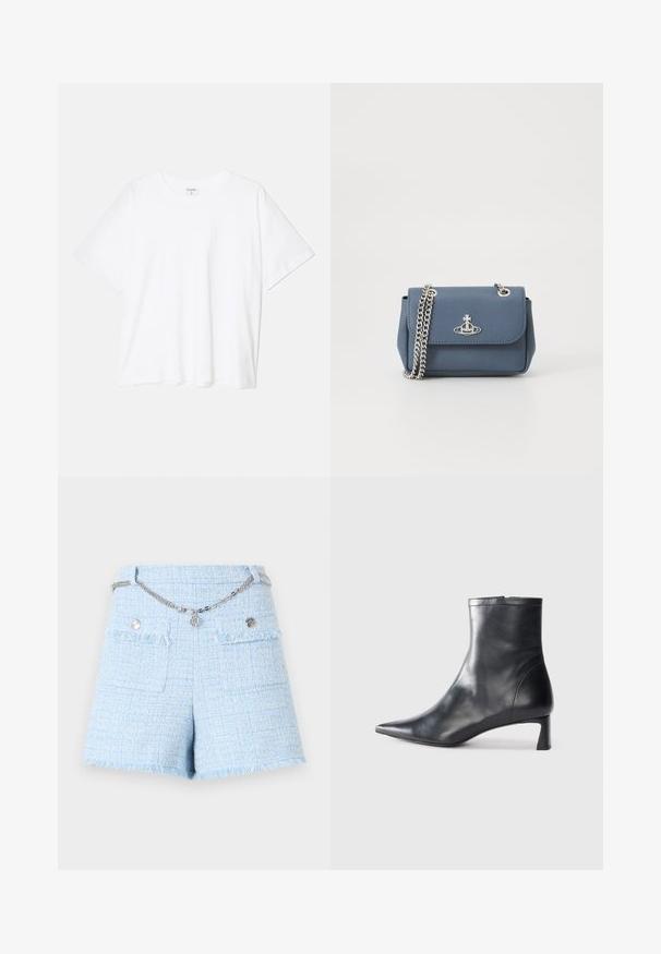 Balta kokvilnas T-krekls ar īsām piedurknēm, apaļu dekoltē, brīva piegriezuma un šūtu apakšmalu. Etiķete redzama iekšējā kakla daļā.; Zili zīda šorti ar plandīgu apakšmalu, kas aprīkoti ar divām priekšējām kabatām un sudraba ķēdes jostu. Tekstūrēta auduma ar aušanas krāsu variācijām.; Melnas ādas potītes zābaki ar norādītu pirkstu un elegantu dizainu. Iezīmē zemu papēdi un rāvējslēdzēja aizdari aizmugurē. Gluda tekstūra.; Zila teksturēta mākslīgās ādas rokassoma ar sudraba ķēdes siksnu un logotipa akcentu priekšpusē. Aizdare ar fiksējo stilu.