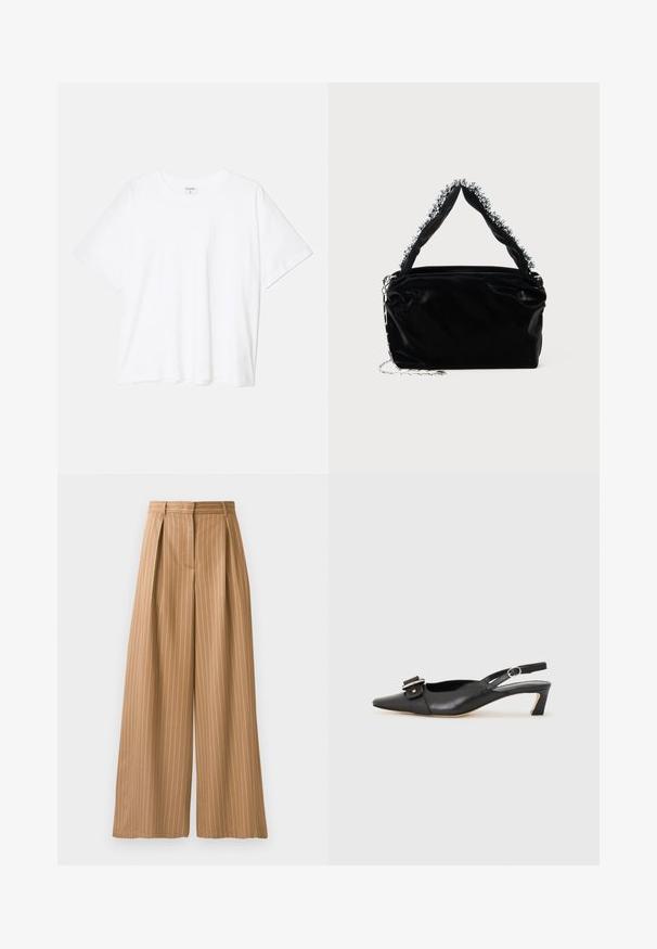 Tricou alb din bumbac, cu mâneci scurte, guler rotund, croi lejer și tiv cusut. Eticheta este vizibilă pe interiorul gulerului.; Pantaloni largi dintr-un material bej cu dungi verticale albe. Prezintă pliuri la talie și o textură netedă.; Pantofii negri din piele cu toc mic, vârf ascuțit și detaliu decorativ cu cataramă pe partea superioară. Textură netedă, design minimal.; Geantă din piele sintetică neagră cu un finisaj texturat, având un accent din mărgele argintii de-a lungul mânerului de sus și o curea din lanț.