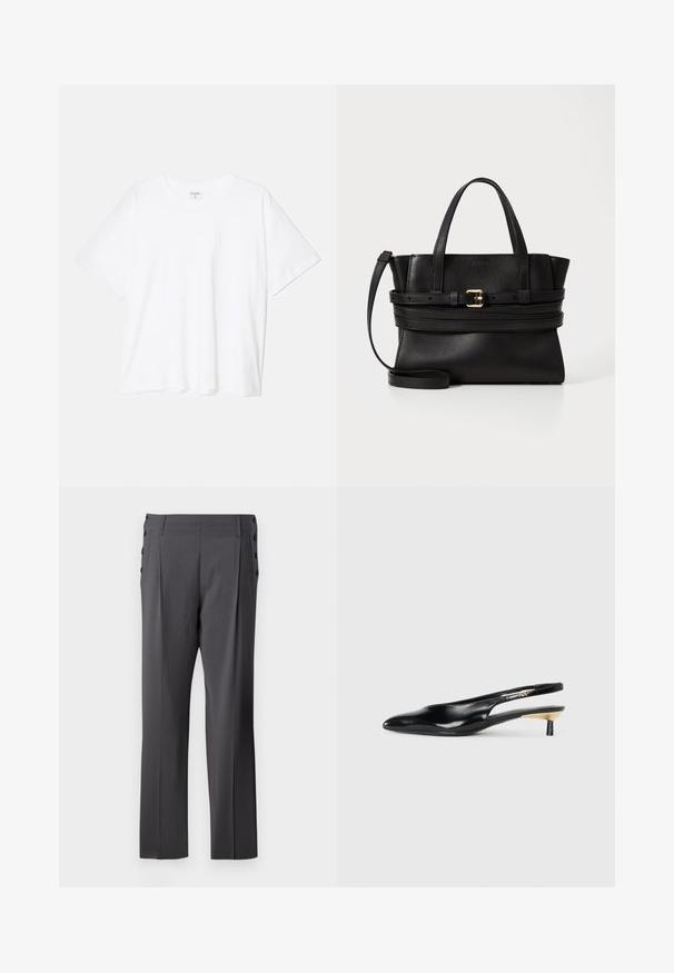 Fehér pamut póló rövid ujjal, kerek nyakkivágással, laza fazonnal és varrott szegéllyel. Címke látható a belső nyakrészén.; Szürke szabott nadrág, egyenes lábzattal, elülső redőkkel és díszes oldalsó gombokkal a részletesség fokozása érdekében. Sima szövettextúra.; Fekete slingback pump, hegyes orral, fényes bőr felülettel és kis sarokkal, arany kiegészítéssel. Elegáns kialakítás nyitott háttal.; Fekete bőr kézitáska strukturált dizájnnal, párhuzamos felső fogantyúkkal, levehető pánttal és arany csat díszítéssel egy vízszintes sávon.