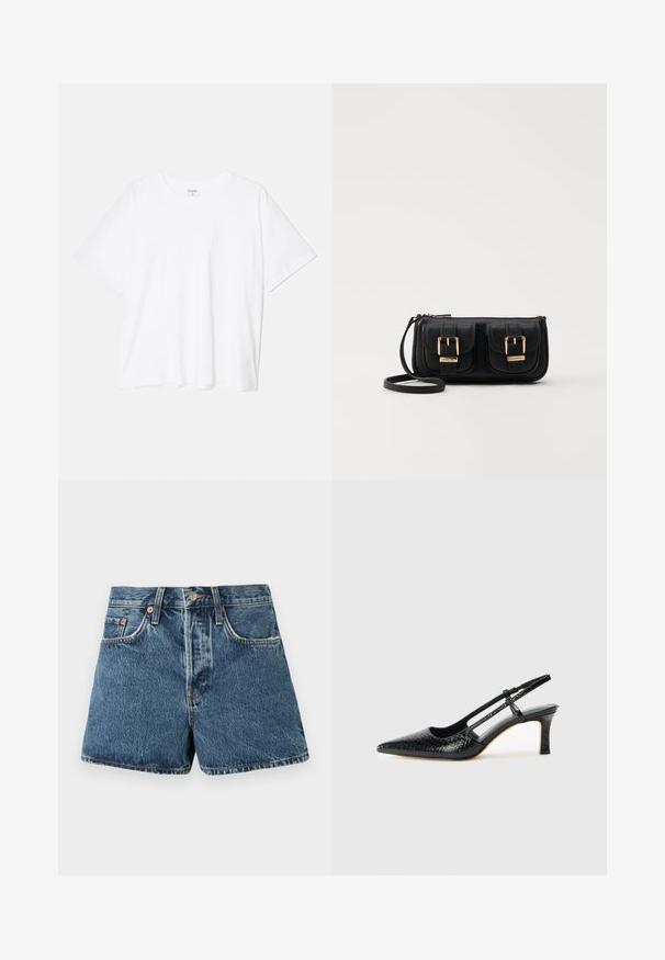 Bela bombažna majica s kratkimi rokavi, okroglim izrezom, sproščenim krojem in šivanim robom. Oznaka vidna na notranji strani izreza.; Denim kratke hlače v srednje modri barvi z visokim pasom, petimi žepi, kontrastnim šivanjem in kovinskim gumbom za zapiranje. Teksturirana tkanina z rahlim zbledelostjo.; Črne lakaste slingback pete s koničastim nosom, ki imajo teksturiran vzorec kačje kože, nastavljiv trak in kratek teksturiran blok peto.; Črna usnjena torbica čez ramo z dvema sprednjima žepoma, zlatimi zaponkami, zadrgo in ozkim pasom. Tekstura površine je strukturirana, obliko pa ima kompaktno pravokotno.