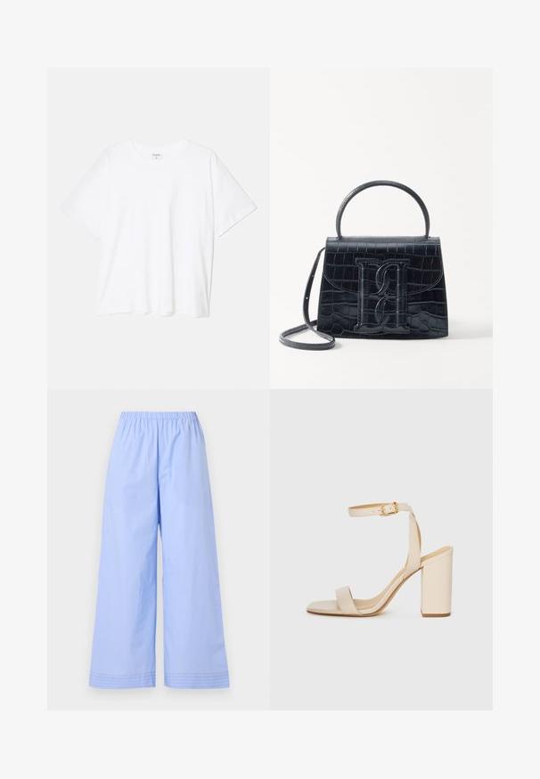 White cotton t-shirt with short sleeves, round neckline, relaxed fit, and stitched hem. Label visible on the inside neck.; By Malene Birger MIRABELLO - Trousers - blue iris; Beige high-heeled sandal with a square toe, thin ankle strap, and block heel. Smooth leather texture with a gold buckle detail.; Black crocodile-embossed leather handbag with a structured design, top handle, adjustable strap, and a prominent front logo detail.