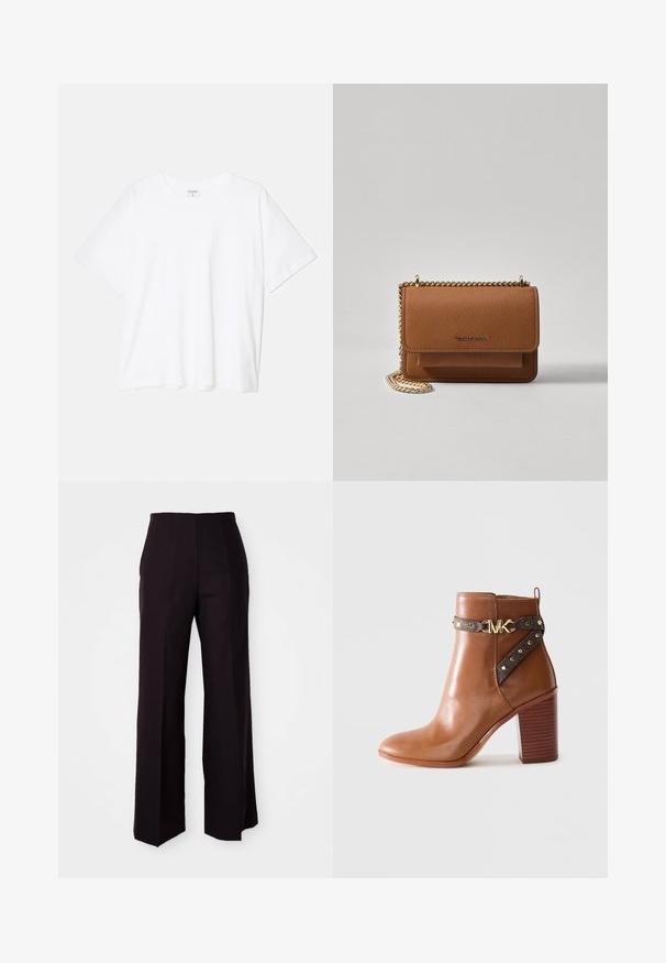T-shirt de algodão branco com mangas curtas, decote redondo, corte descontraído e bainha cosida. Etiqueta visível no interior do pescoço.; Calças largas pretas com cintura alta, apresentando uma textura suave e pregas frontais subtis, confeccionadas para um ajuste estruturado.; Bota de tornozelo em couro castanho com salto bloco empilhado, tira lateral com studs dourados e fivela com o logotipo "MK" dourado.; Bolsa crossbody de couro texturizado castanho com alça de corrente dourada e fecho com aba. A parte da frente apresenta detalhe do logótipo e um bolso sob a aba.