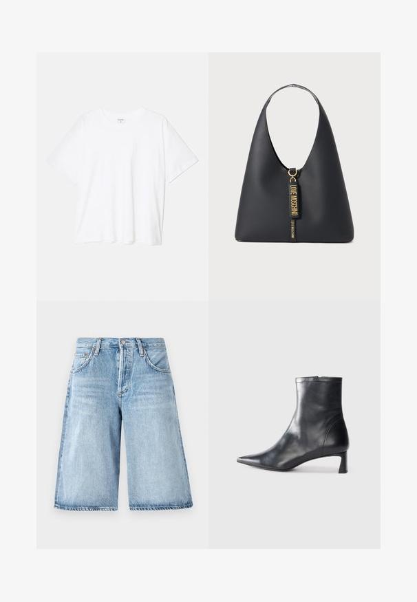 Valge puuvillane T-särk lühikeste varrukatega, ümmargune kaelus, mugav lõige ja õmmeldud serv. Silt nähtav kaela seest.; Heledad sinise värvi teksapüksid, mis on laia lõikega, kõrgema talje ja viie taskuga disainiga, ning kangas on kergelt kulunud.; Mustad mustall nahkasaabas terava nina ja stiilse disainiga. Omab madalat konts ja luku sulgemist taga. Sile tekstuur.; Must musträkk, millel on lai rihm, kuldne metallist viimistlus ja kaks riputatavat silti, millel on kuldsete tähtedega graveeritud "LOVE MOSCHINO".