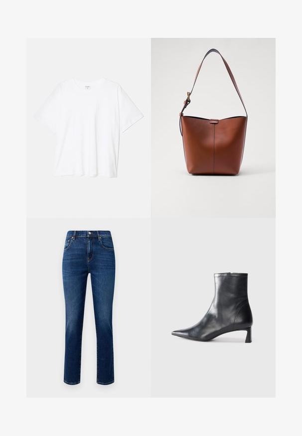 Valge puuvillane T-särk lühikeste varrukatega, ümmargune kaelus, mugav lõige ja õmmeldud serv. Silt nähtav kaela seest.; Tumedates sinises denimist teksad, sirge jala lõikega, viie tasku disainiga ja metallist esise pruugi sulgemisega. Sile tekstuur, ilma nähtavate mustriteta.; Mustad mustall nahkasaabas terava nina ja stiilse disainiga. Omab madalat konts ja luku sulgemist taga. Sile tekstuur.; Pruun nahast õlakott, millel on kaarjas kuju, sile tekstuur ja üks õhuke rihm. Omab peent õmblust ja väikest logo detaili.