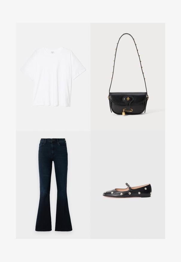 Balta medvilnės marškinėliai trumpomis rankovėmis, apvalia iškirpte, laisvo kirpimo ir su siūtu kraštu. Etiketė matoma vidinėje iškirptės pusėje.; Tamsiai mėlynos plačios džinsinio audinio kelnės, pasižyminčios aukštu liemeniu, standartinėmis kišenėmis ir subtiliu audinio išblukimu.; Juodų odinių Mary Jane plokščių batų su apvaliu pirštu, papuoštų sidabriniais apvaliais nagais ir reguliuojamu dirželiu su sagtimi.; Juodas odinis rankinis krepšys su struktūruotu dizainu, turintis auksinį logotipą, pakabinimo akcentą ir grandinėlėmis dekoruotą peties dirželį.