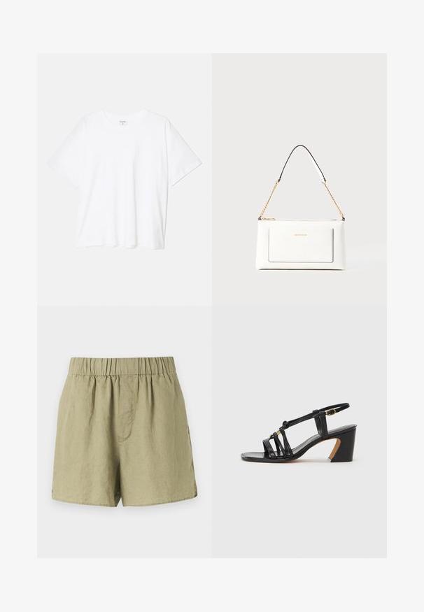 Hvid bomulds-t-shirt med korte ærmer, rund halsudskæring, afslappet pasform og stitched søm. Mærket er synligt indeni halsen.; Lysgrønne linnedshorts med elastisk talje, sidelommer og afslappet pasform. Har et glat, let struktureret stof.; Paul Smith AMIRA - Pumps - black; Hvid lædertaske med tekstureret overflade, med en guldkædetras og sorte detaljer. Indeholder en frontlomme og lynlås lukning.