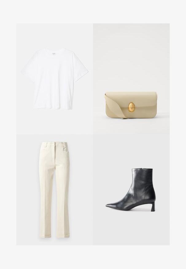 Balta medvilnės marškinėliai trumpomis rankovėmis, apvalia iškirpte, laisvo kirpimo ir su siūtu kraštu. Etiketė matoma vidinėje iškirptės pusėje.; Šviesiai rudos tiesios trikotažo kelnės, pagamintos iš medvilnės mišinio, su vidutinio aukščio liemeniu, priekinėmis kišenėmis ir subtiliu tekstūros akcentu paviršiuje.; Juodas odinis kulkšninis batas su smailiu pirštu ir elegantišku dizainu. Turi žemą kulną ir užtrauktuką gale. Lygi tekstūra.; Bežinė odinė rankinė su lygiu paviršiumi, stačiakampio formos ir auksiniu ovaliu užsegimu. Yra ilga, reguliuojama petneša.