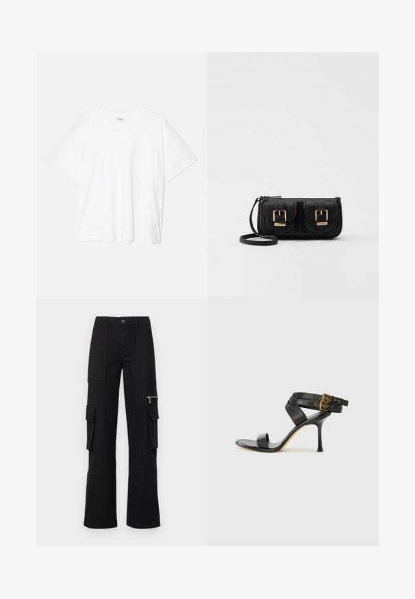 White cotton t-shirt with short sleeves, round neckline, relaxed fit, and stitched hem. Label visible on the inside neck.; MAX&Co. REGIO - Cargo trousers - black; Black heeled sandal with crossed straps and adjustable buckle. Features a smooth texture and tapered stiletto heel.; Black leather crossbody bag with two front pockets, gold buckles, zipper closure, and a slim strap. Textured surface and compact rectangular shape.