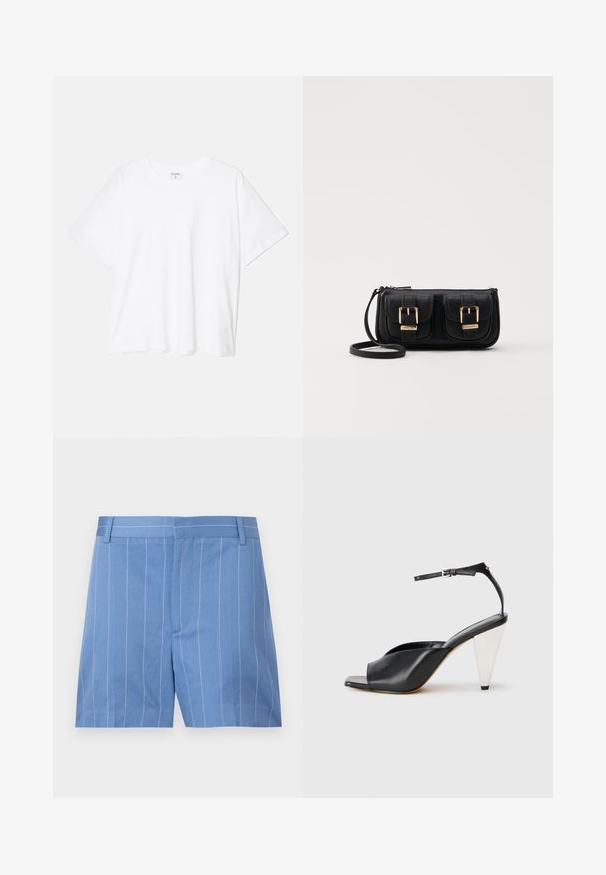 Bijela pamučna majica s kratkim rukavima, okruglim izrezom, opuštenim krojem i šivenim rubom. Etiketa je vidljiva na unutarnjoj strani vrata.; Svjetloplave kratke hlače s bijelim vertikalnim trakama, koje imaju glatku teksturu, ravni prednji dio i standardni pojas s petljama za remen.; Crne kožne sandale s visokim potpeticama, otvorenim prstima, asimetričnim dizajnom, remenom oko članka i metalnom konusnom potpeticom. Glatka tekstura kroz cijelu cipele.; Crna kožna torba preko ramena s dva prednja džepa, zlatnim kopčama, zatvaranjem na zip i uskim remenom. Teksturirana površina i kompaktan pravokutan oblik.