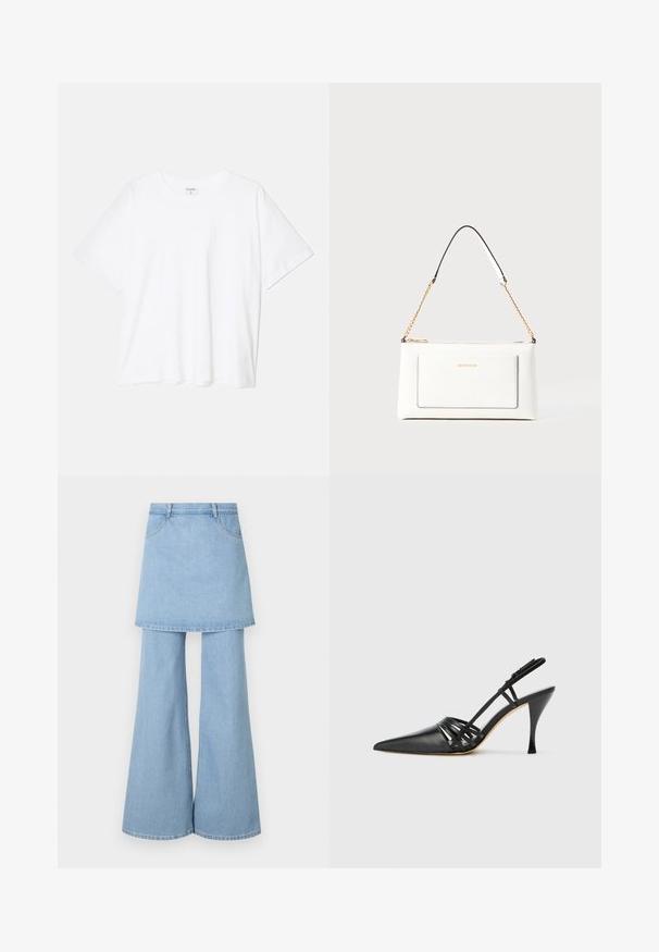 Hvit bomulls t-skjorte med korte ermer, rund hals, avslappet passform og sydd kant. Merke synlig på innsiden av halsen.; Denim skjørt-bukse hybrid, med lyseblått stoff, utsvingte ben og synlige sømdetaljer. Utformet med frontlommer og midjebånd.; Sorte lærhæl med åpen bak, spiss tå, krysset stropp design, og slank stiletthæl. Glatt tekstur og minimale detaljer.; Hvit lærveske med teksturert overflate, utstyrt med gullkjede for å bære over skulderen og svarte detaljer. Inkluderer en frontlomme og glidelås.