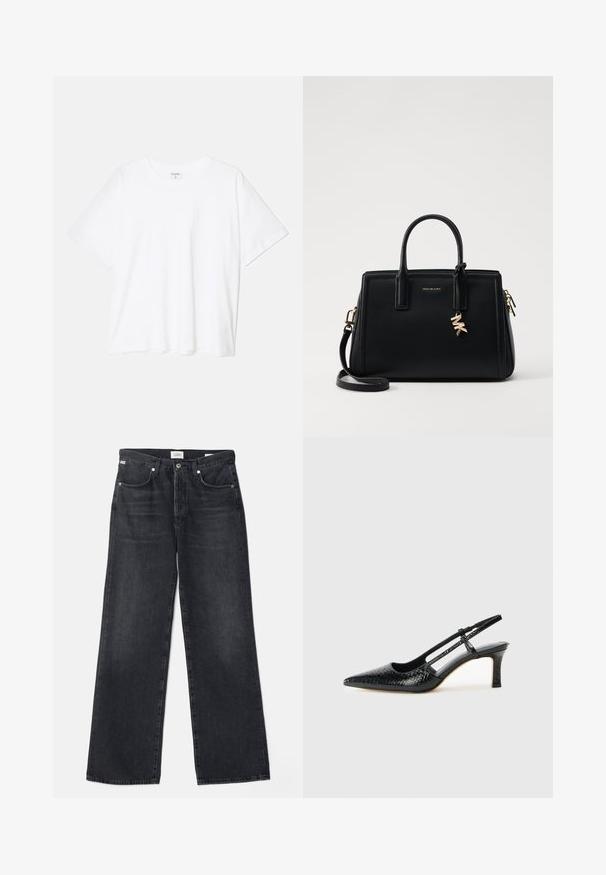 Hvit bomulls t-skjorte med korte ermer, rund hals, avslappet passform og sydd kant. Merke synlig på innsiden av halsen.; Svarte vidde jeans med klassisk fem-lomme design, laget av denimstoff. Inkluderer knappelukking og subtil fading.; Sorte patent slingback hæl med spids tå, featuring tekstureret slangeskind, justerbar rem og en kort, tekstureret blokhæl.; Svart skinnhåndveske med strukturert design, doble topphåndtak, avtakbar skulderrem, gullfarget hardware og en logo-detalj.
