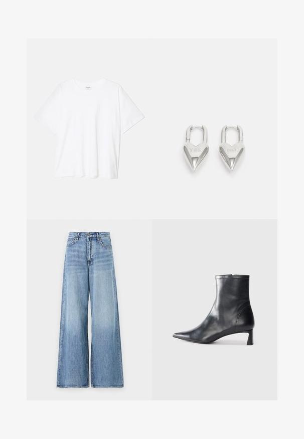 Biała bawełniana koszulka z krótkim rękawem, okrągłym dekoltem, luźnym krojem i przeszytym brzegiem. Metka widoczna wewnątrz dekoltu.; Jasnoniebieskie dżinsy o szerokich nogawkach wykonane z denimu. Cechują się wysokim stanem, dużymi, rozkloszowanymi nogawkami oraz standardowym wykończeniem z pięcioma kieszeniami i metalowymi akcesoriami.; Czarne skórzane botki sięgające kostki z ostrym noskiem i eleganckim designem. Posiadają niski obcas oraz zamek błyskawiczny z tyłu. Gładka faktura.; Srebrne kłódki w kształcie serca z wygrawerowanymi napisami "TAK" i "NIE", polerowane wykończenie, symetryczny design oraz mocny metalowy zamek.