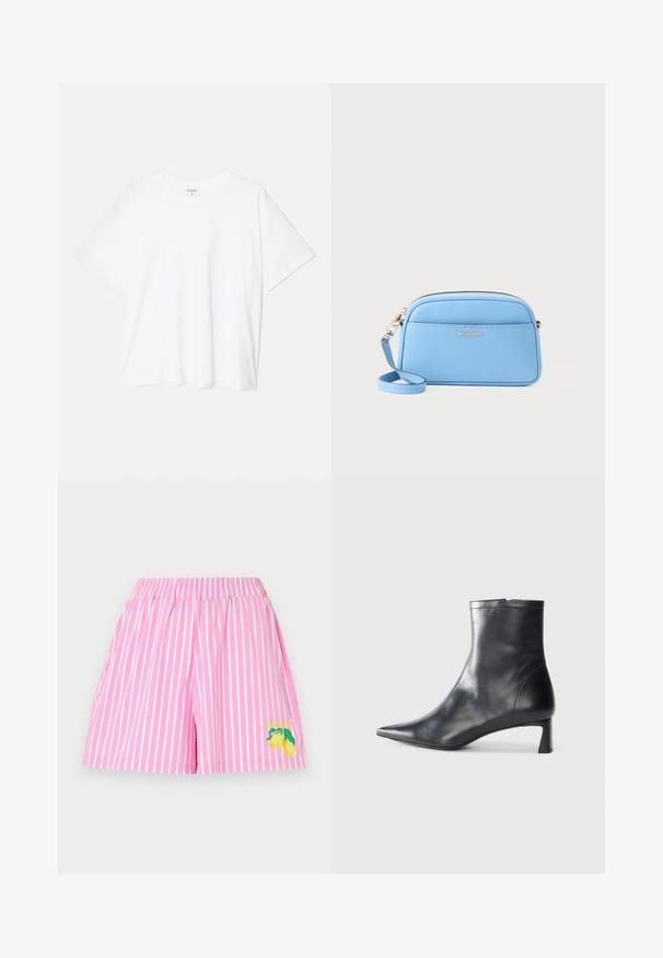 Biely bavlnený tričko s krátkymi rukávmi, okrúhlym výstrihom, voľným strihom a prešitým lemom. Štítok viditeľný na vnútornom krku.; Ružové plavky s bielymi vertikálnymi pruhmi, elastickým pásom a grafikou citróna s textom "STIEGLITZ" na ľavej nohe.; Čierne kožené členkové topánky s špicatou špičkou a elegantným dizajnom. Majú nízky podpätok a zips na zadnej strane. Hladká textúra.; Svetlomodrá kožená crossbody taška so zlatými detailmi, zipsom a prednou vreckom. Obsahuje nastaviteľný popruh pre pohodlné nosenie.