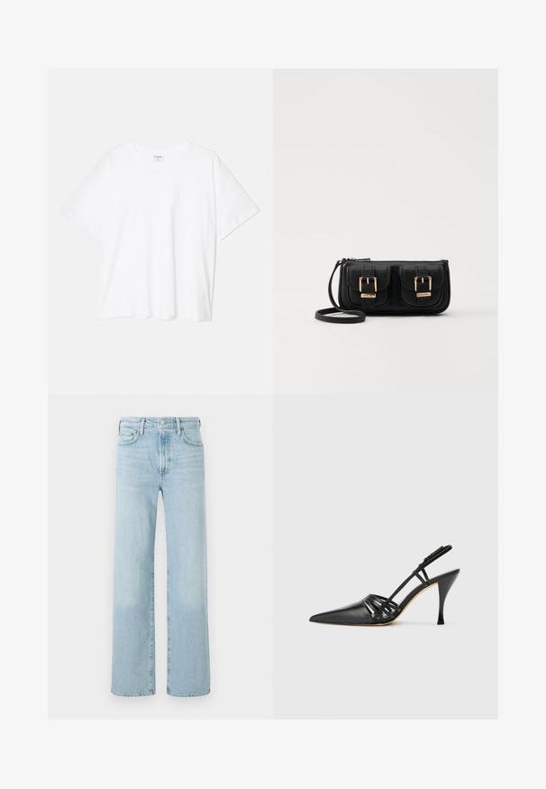 Balta medvilnės marškinėliai trumpomis rankovėmis, apvalia iškirpte, laisvo kirpimo ir su siūtu kraštu. Etiketė matoma vidinėje iškirptės pusėje.; Šviesiai mėlyni džinsai su tiesiomis kojomis, su sagos uždarymu, penkiomis kišenėmis ir subtiliu audinio nusidėvėjimu.; Juodas odinis aukštakulnis slingback batelis su smailiu noseliu, kryžminiu dirželiu ir plonu stiletto kulnu. Lygus paviršius ir minimalūs akcentai.; Juodas odinis per petį nešiojamas krepšys su dviem priekiniais kišenėmis, auksiniais sagtimis, užtrauktuko uždarymu ir siauromis petnešomis. Textūruota paviršius ir kompaktiškas stačiakampis formatas.