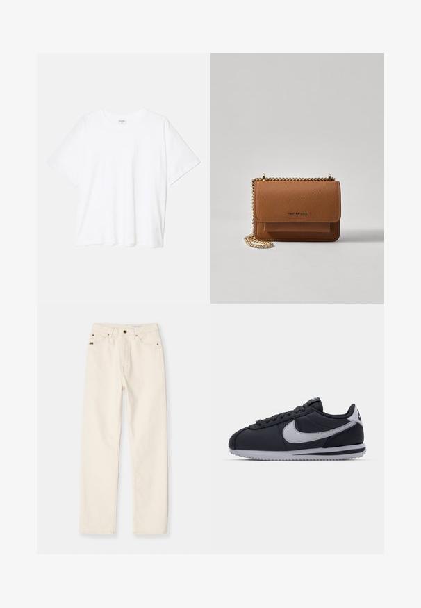 Tricou alb din bumbac, cu mâneci scurte, guler rotund, croi lejer și tiv cusut. Eticheta este vizibilă pe interiorul gulerului.; Jeans din denim alb cu croială dreaptă, design cu cinci buzunare și cusături vizibile. Include un sistem de închidere cu nasture și fermoar, cu detalii de etichetă de marcă.; Pantofii sport negri cu accente gri, superior sintetic neted, talpă texturată, vârf rotund și șnururi plate. Design clasic cu detalii ale logo-ului.; Geantă crossbody din piele texturată maro, cu curea din lanț aurit și închidere cu clapetă. Partea din față prezintă detalii cu logo și o buzunar sub clapetă.