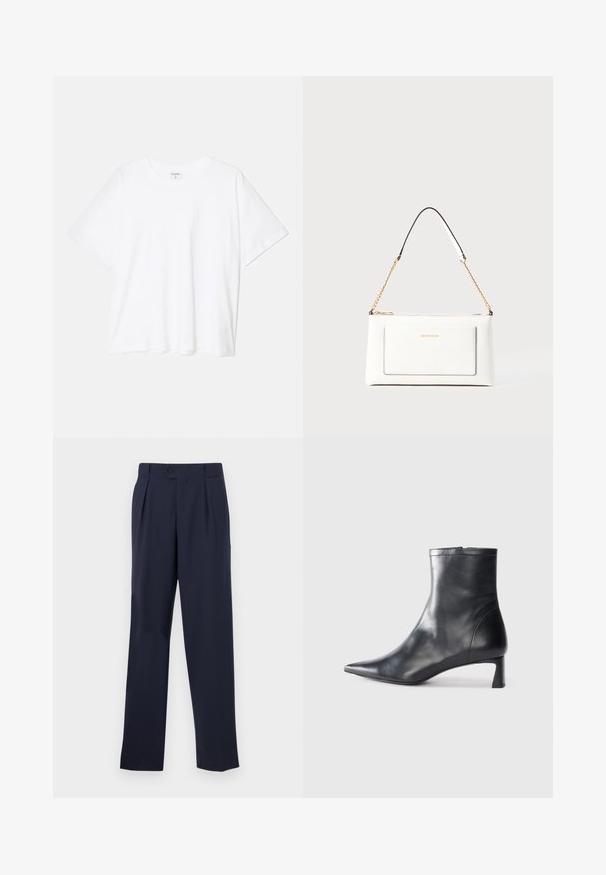 Biała bawełniana koszulka z krótkim rękawem, okrągłym dekoltem, luźnym krojem i przeszytym brzegiem. Metka widoczna wewnątrz dekoltu.; Granatowe spodnie o dopasowanym kroju z prostą nogawką, z zapięciem na guziki, plisami z przodu i gładką teksturą.; Czarne skórzane botki sięgające kostki z ostrym noskiem i eleganckim designem. Posiadają niski obcas oraz zamek błyskawiczny z tyłu. Gładka faktura.; Biała skórzana torebka o teksturowanym wykończeniu, z złotą łańcuszkową rączką i czarnymi akcentami. Zawiera przednią kieszeń oraz zamek błyskawiczny.