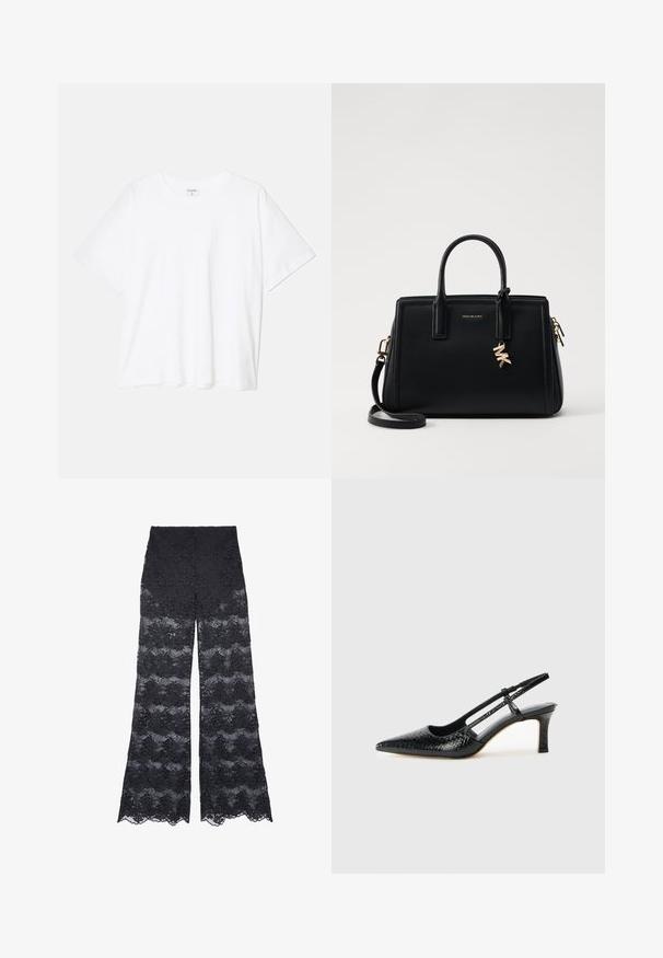 Balta kokvilnas T-krekls ar īsām piedurknēm, apaļu dekoltē, brīva piegriezuma un šūtu apakšmalu. Etiķete redzama iekšējā kakla daļā.; Melna mežģīņu platā kāju bikses ar rakstainu dizainu, kas ietver ziedu motīvus un viļņveida malām, piedāvājot caurspīdīgu tekstūru visā biksēs.; Melna patent āda ar slīdošo papēdi un smailo purngalu, ar teksturētu čūsku drukājumu, regulējamu siksniņu un īsu teksturētu blokpapēdi.; Melnas ādas rokas soma ar strukturētu dizainu, dubultiem augšējiem rokturiem, noņemamu plecu siksnu, zelta aparatūru un logo piekariņu akcentu.