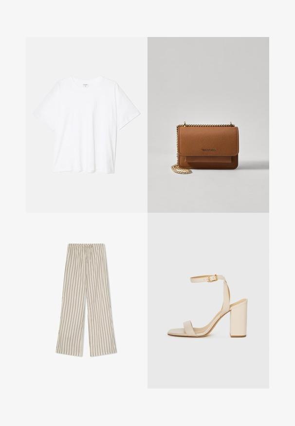 Valge puuvillane T-särk lühikeste varrukatega, ümmargune kaelus, mugav lõige ja õmmeldud serv. Silt nähtav kaela seest.; Kerged, kreemikäigulised kangast püksid, millel on vertikaalsed pruunid triibud. Pükstel on elastne vöökoht koos paelu ja laiad sääred.; Beez värvi kõrge kontsaga sandaal ruudukujulise varba, peene pahkluu rihma ja plokknupuga. Sile nahk текстuur kuldse pandlaga detailiga.; Pruun tekstureeritud nahk ristkeha kott kuldse ahelaga rihmaga ja klapiga sulgemine. Esiküljel on logo detail ja tasku klapi all.