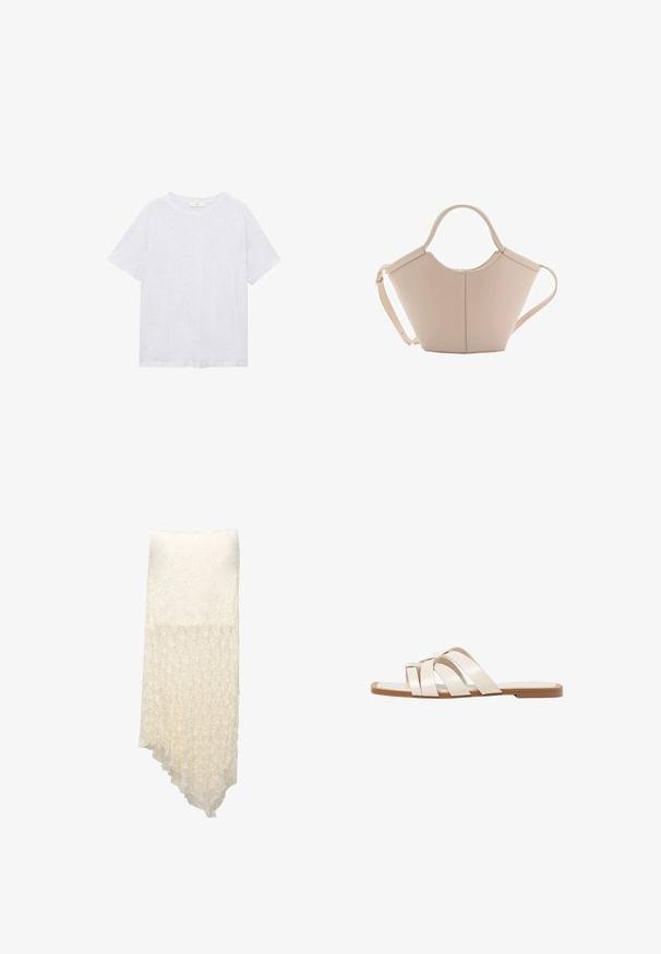 Siva kratka majica s kratkimi rokavi, izdelana iz mehke tkanine. Ima okroglo izrez in udobno prileganje, z diskretno melirano teksturo.; Bela, teksturirana zavita krila z asimetričnim robom, ki ima guban vzorec, ki postopoma prehaja od enotne do polprosojne.; Ravne sandale s svetlo rjavim gumijastim podplatom, zasnovane s tremi prekrivajočimi se belimi usnjenimi trakovi in majhnim lokom na sredini.; Bežna usnjena torbica edinstvene oblike, z dvema kratkima ročajema in dolgim nastavljivim trakom. Gladka tekstura z minimalno kovinsko opremo.