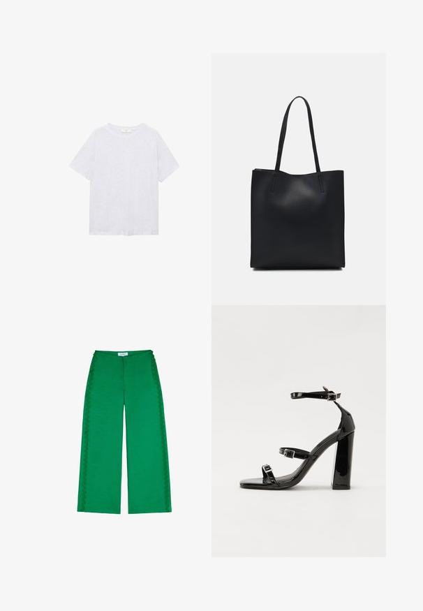 Grijze T-shirt met korte mouwen van zacht materiaal. Heeft een ronde halslijn en een relaxte pasvorm, met een subtiele gemêleerde textuur.; Groene wijde broek gemaakt van textuurstof, met geschulpte accenten langs de zijnaad en een relaxte pasvorm.; Zwarte gepatenteerde sandalen met hak en een vierkante neus, enkelbandjes en zilveren gespen. Heeft een stevige blokhak voor stabiliteit.; Zwarte leren handtas met een gladde textuur, rechthoekige vorm en twee lange handvaten. Geen zichtbare hardware of versieringen.
