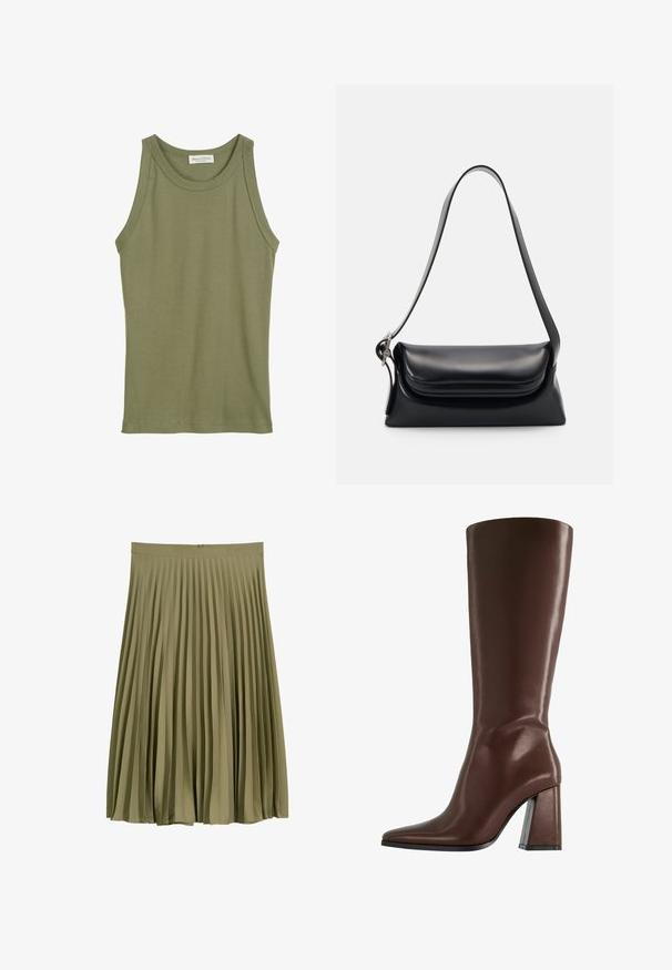 Olivgrünes Tanktop, ärmelloses Design, aus weicher Baumwolle, mit runder Ausschnittkante und genähten Säumen. Keine Muster oder Verzierungen sichtbar.; Olivgrüner Midilanger, plissee-Rock mit einem Taillenbund und einem verdeckten Reißverschluss auf der Rückseite.; Braune knöchelhohe Lederstiefel mit spitzer Zehenform und einem klobigen, transparenten Absatz. Glatte Textur mit minimalen Details.; Schwarze Lederhandtasche mit strukturiertem Design, glatter Textur und einem einzelnen Schulterriemen. Verfügt über ein dezentes, abgerundetes Klappendesign.
