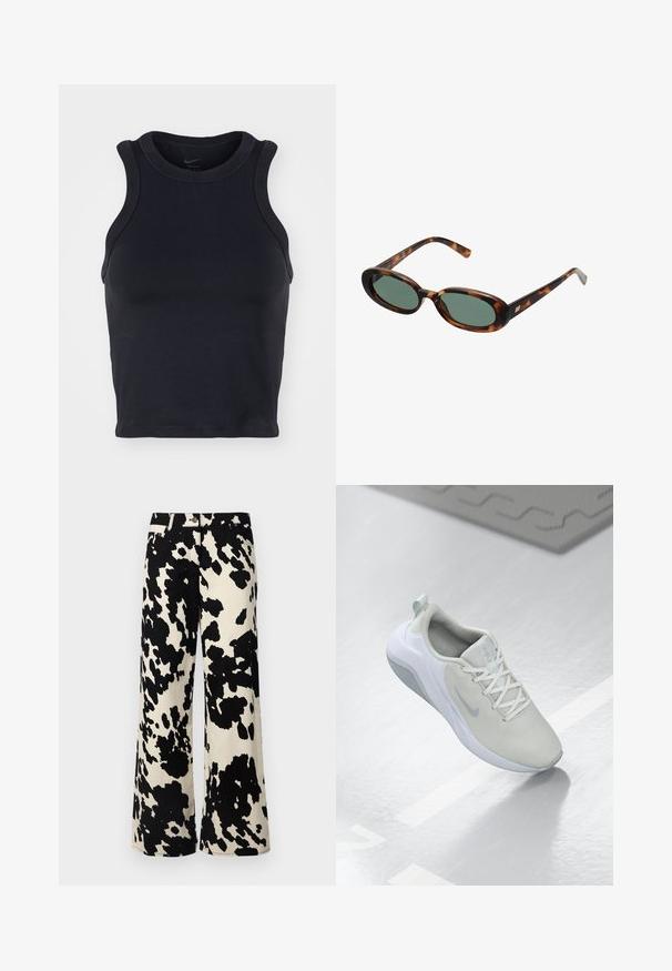 Zwarte, mouwloze atleet crop top met een ronde halslijn, gemaakt van gladde stof. Beschikt over versterkte naden en een strakke pasvorm.; SOMETHINGNEW COW PRINT TROUSERS - Broek - macadamia aopcort; Lichtgrijze sportief schoen met een mesh bovenstuk, cirkelpatroon, witte accenten, platte veters en een gestructureerde zool voor grip.; schildpadbril met ovale monturen en groene lenzen. Heeft dunne spijlen met een metalen accent nabij de scharnieren.
