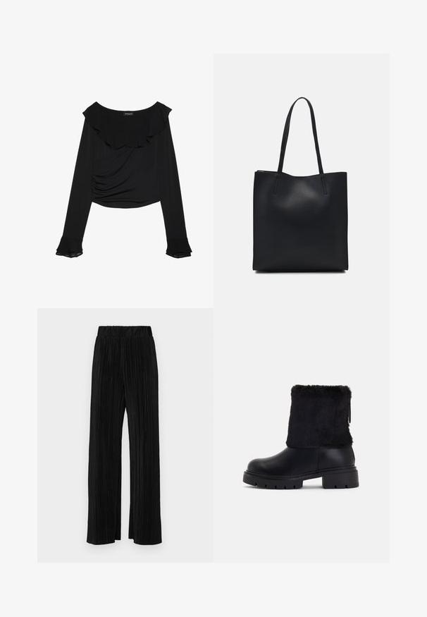 Top preto de manga longa com decote franzido, detalhe franzido na lateral e punhos amplos, em um tecido liso e elástico.; Calças pregueadas pretas com uma cintura elástica. Apresentam pernas largas e um tecido liso, texturizado com riscas verticais.; Botas de tornozelo pretas com uma base de couro liso e um punho de pelo sintético texturizado. Sola de borracha grossa e com nervuras para melhor tração.; Bolsa tote preta em couro com textura lisa, forma retangular e duas alças longas. Sem hardware ou enfeites visíveis.